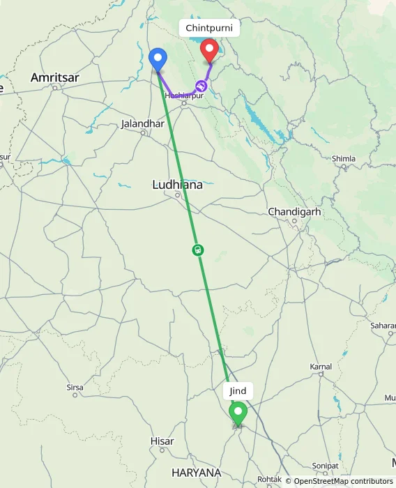 Route map showing distance and travel time from Jind, India to Chintpurni, India