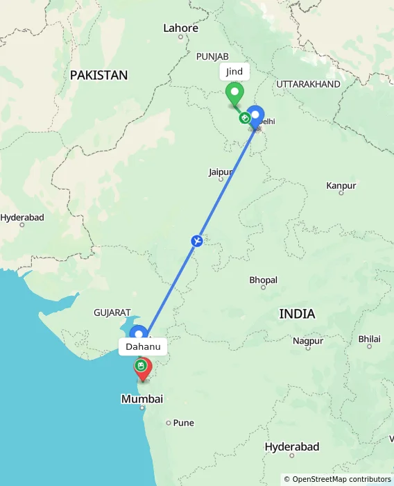 Route map showing distance and travel time from Jind, India to Dahanu, India