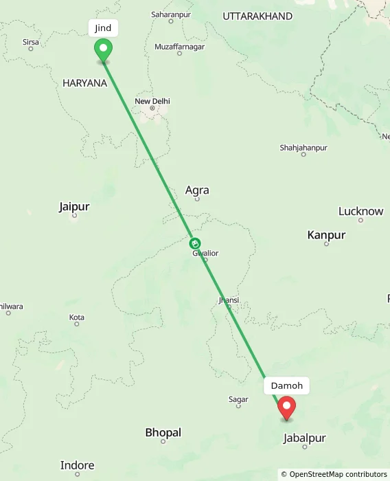 Route map showing distance and travel time from Jind, India to Damoh, India