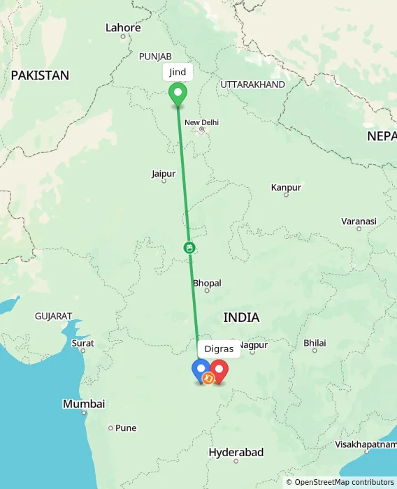 Route map showing distance and travel time from Jind, India to Digras, India