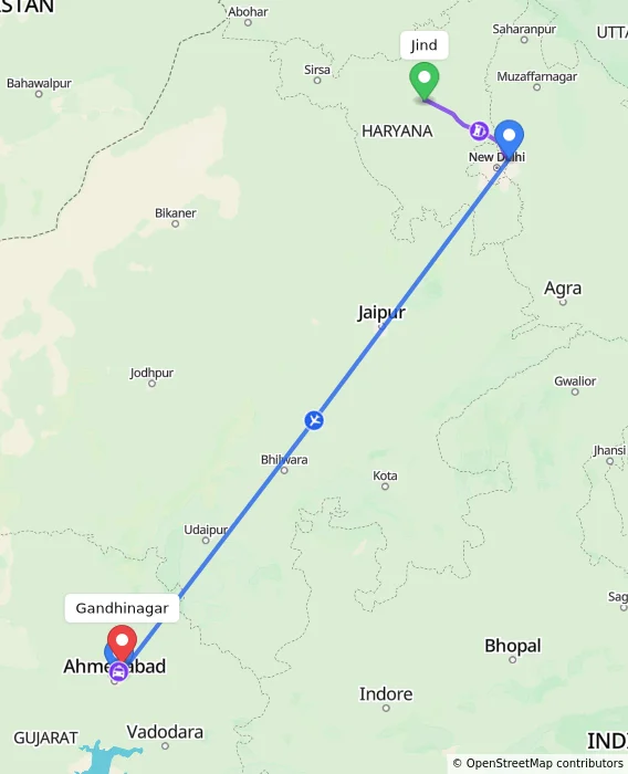 Route map showing distance and travel time from Jind, India to Gandhinagar, India