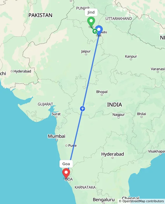 Route map showing distance and travel time from Jind, India to Goa, India