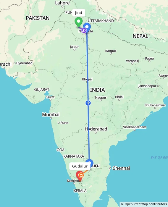 Route map showing distance and travel time from Jind, India to Gudalur, India