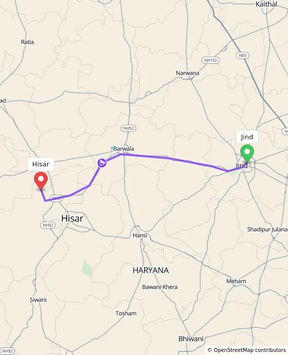 Route map showing distance and travel time from Jind, India to Hisar, India