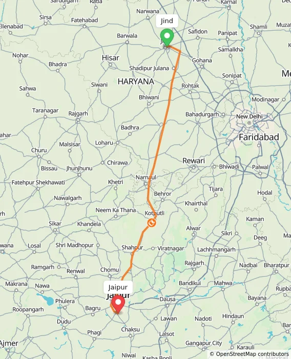 Route map showing distance and travel time from Jind, India to Jaipur, India