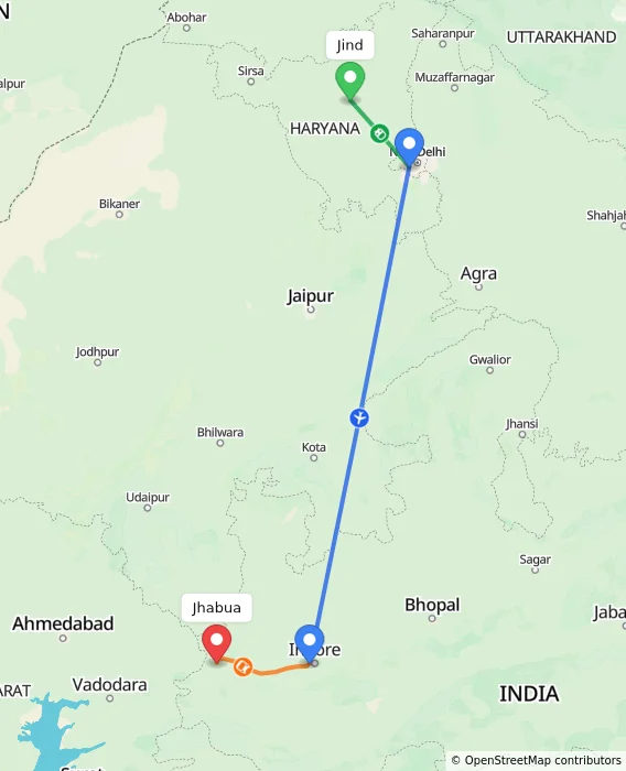 Route map showing distance and travel time from Jind, India to Jhabua, India