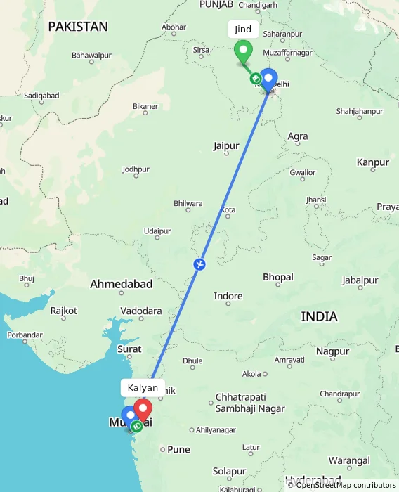 Route map showing distance and travel time from Jind, India to Kalyan, India