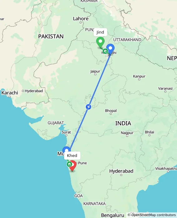 Route map showing distance and travel time from Jind, India to Khed, India