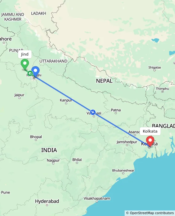 Route map showing distance and travel time from Jind, India to Kolkata, India