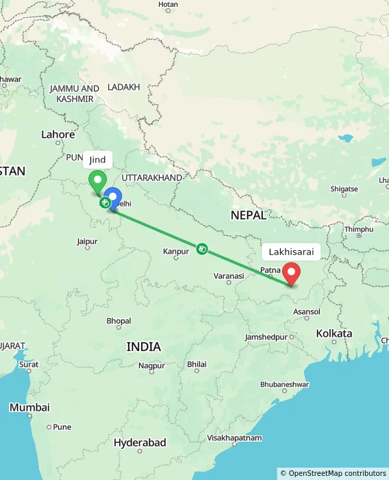 Route map showing distance and travel time from Jind, India to Lakhisarai, India