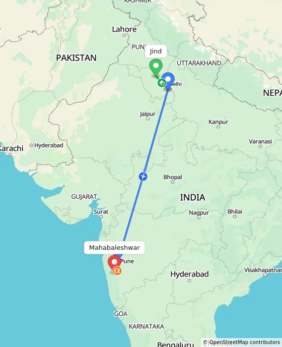 Route map showing distance and travel time from Jind, India to Mahabaleshwar, India
