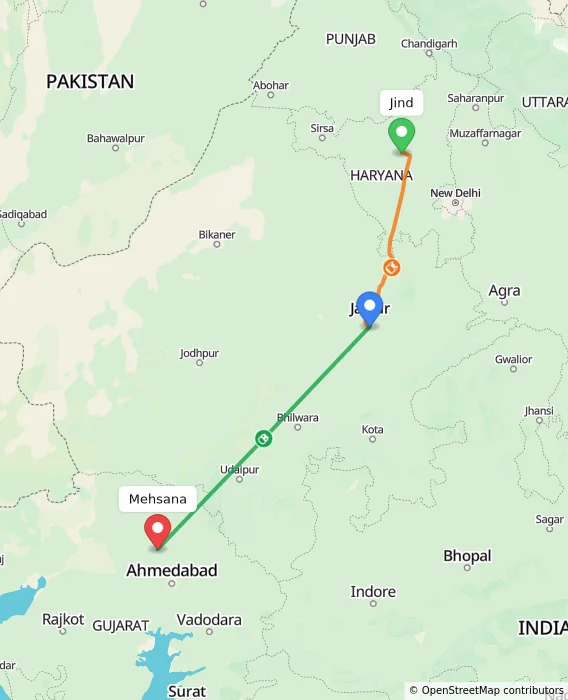 Route map showing distance and travel time from Jind, India to Mehsana, India