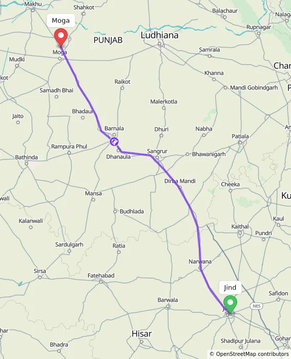Route map showing distance and travel time from Jind, India to Moga, India