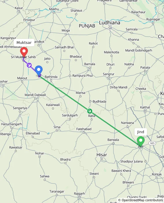 Route map showing distance and travel time from Jind, India to Muktsar, India