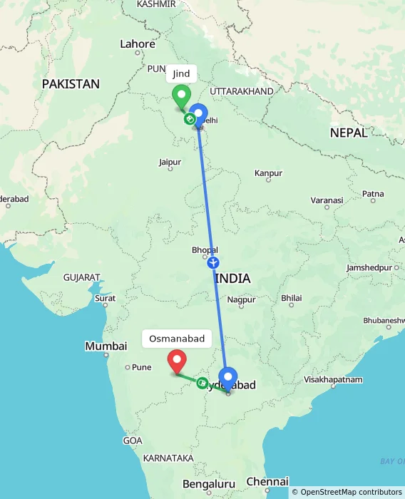 Route map showing distance and travel time from Jind, India to Osmanabad, India