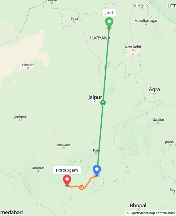 Route map showing distance and travel time from Jind, India to Pratapgarh, India