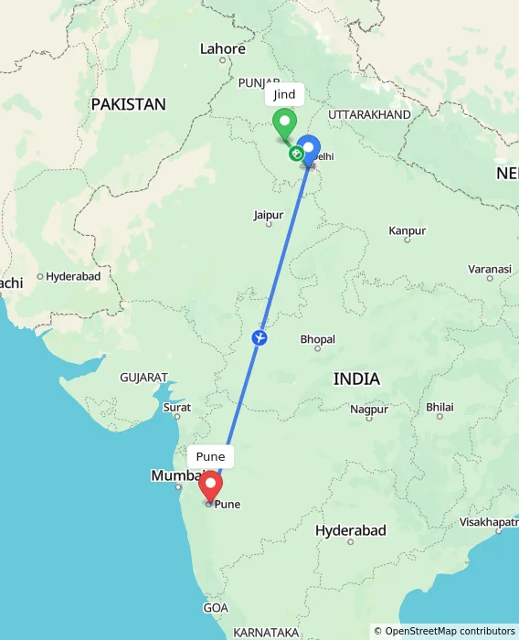 Route map showing distance and travel time from Jind, India to Pune, India