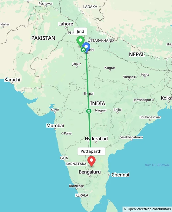 Route map showing distance and travel time from Jind, India to Puttaparthi, India