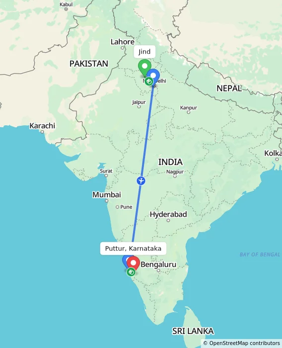 Route map showing distance and travel time from Jind, India to Puttur, Karnataka, India