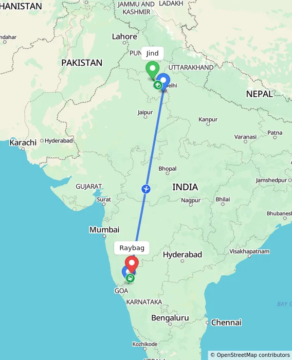Route map showing distance and travel time from Jind, India to Raybag, India