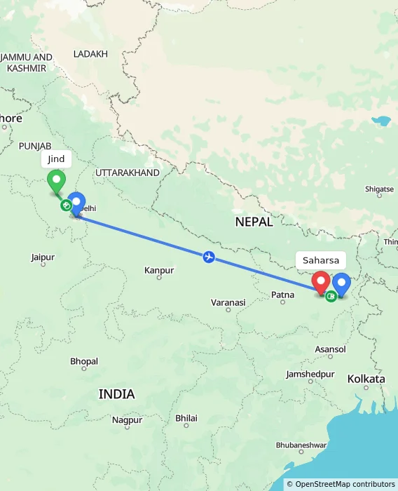 Route map showing distance and travel time from Jind, India to Saharsa, India