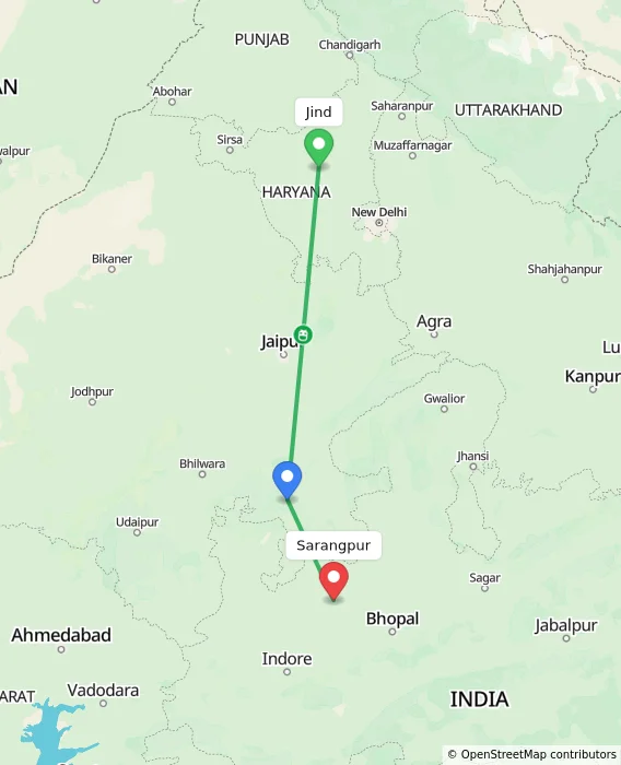 Route map showing distance and travel time from Jind, India to Sarangpur, India