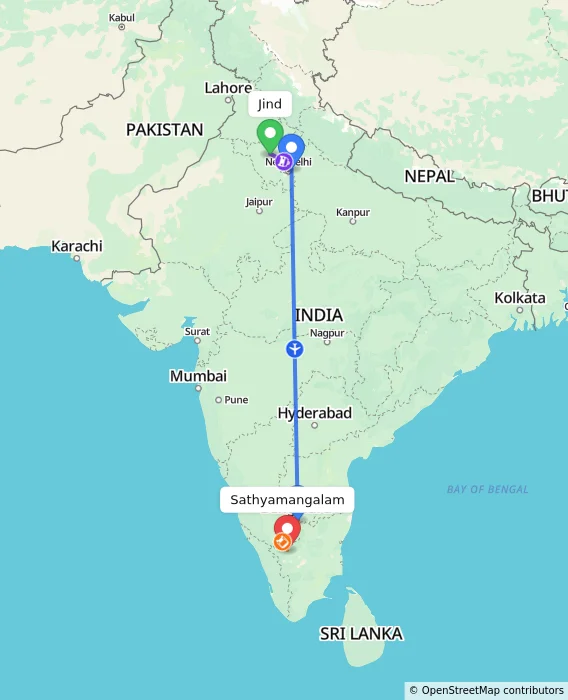 Route map showing distance and travel time from Jind, India to Sathyamangalam, India