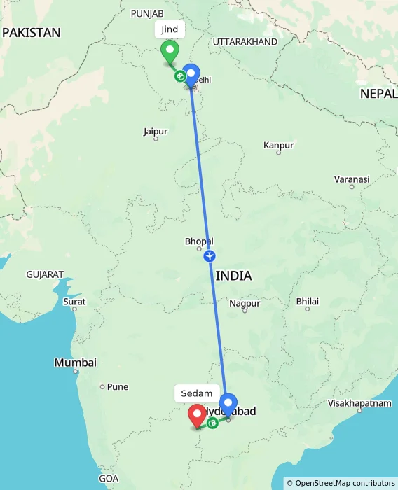 Route map showing distance and travel time from Jind, India to Sedam, India