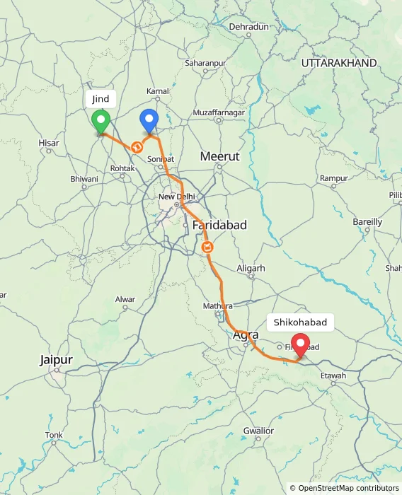 Route map showing distance and travel time from Jind, India to Shikohabad, India