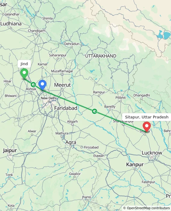 Route map showing distance and travel time from Jind, India to Sitapur, Uttar Pradesh, India
