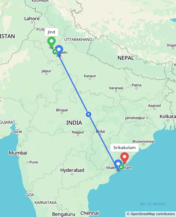 Route map showing distance and travel time from Jind, India to Srikakulam, India