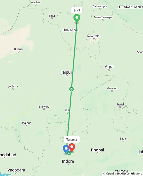 Route map showing distance and travel time from Jind, India to Tarana, India