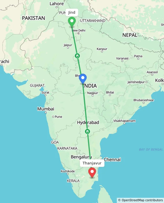 Route map showing distance and travel time from Jind, India to Thanjavur, India