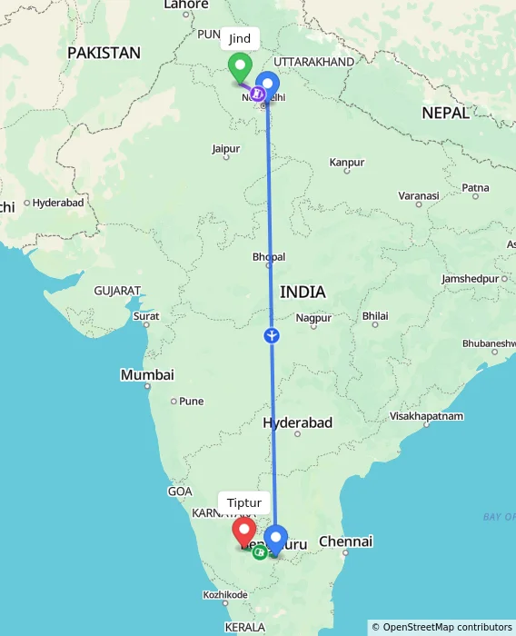 Route map showing distance and travel time from Jind, India to Tiptur, India