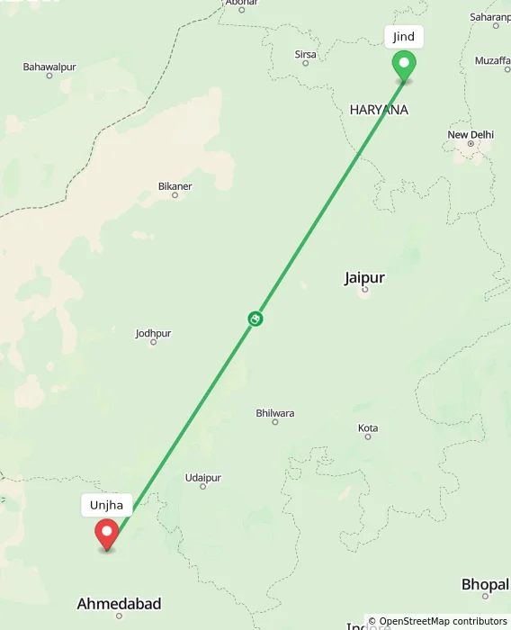 Route map showing distance and travel time from Jind, India to Unjha, India