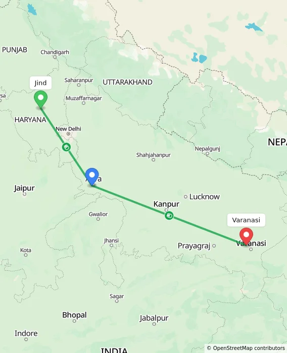Route map showing distance and travel time from Jind, India to Varanasi, India