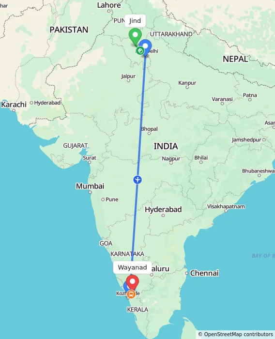 Route map showing distance and travel time from Jind, India to Wayanad, India