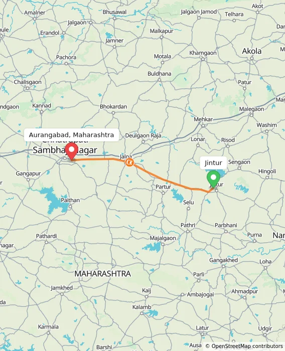 Route map showing distance and travel time from Jintur, India to Aurangabad, Maharashtra, India