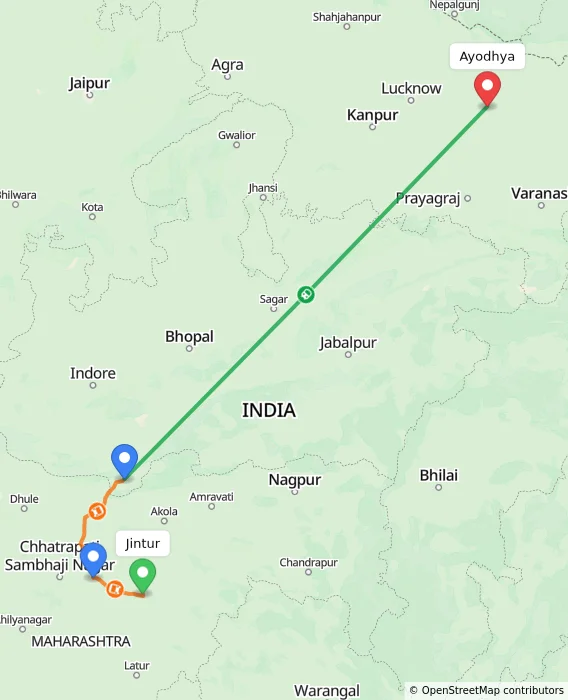 Route map showing distance and travel time from Jintur, India to Ayodhya, India