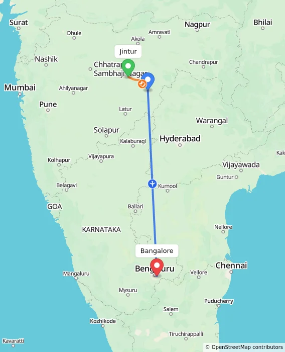 Route map showing distance and travel time from Jintur, India to Bangalore, India
