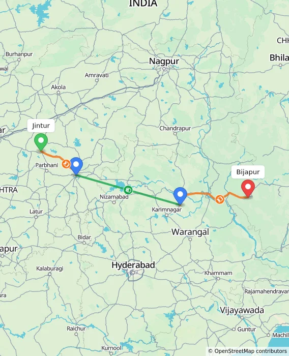Route map showing distance and travel time from Jintur, India to Bijapur, India
