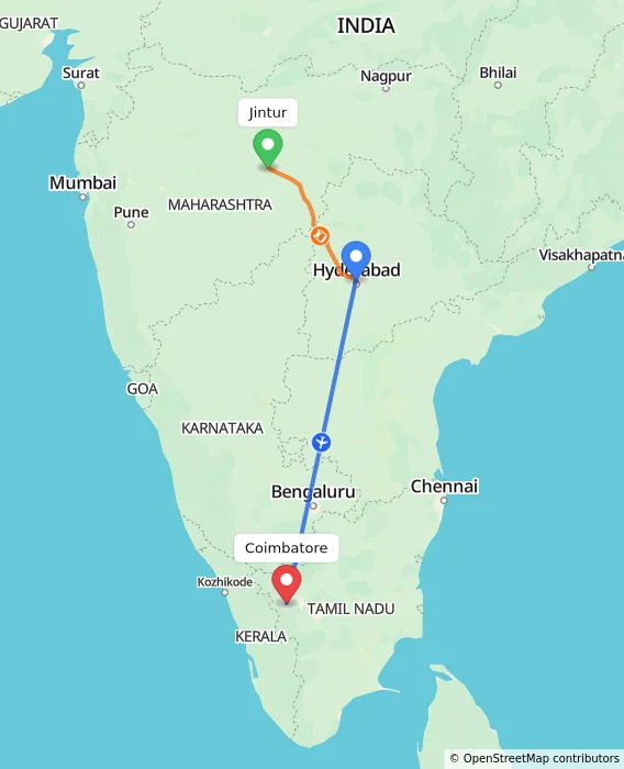 Route map showing distance and travel time from Jintur, India to Coimbatore, India
