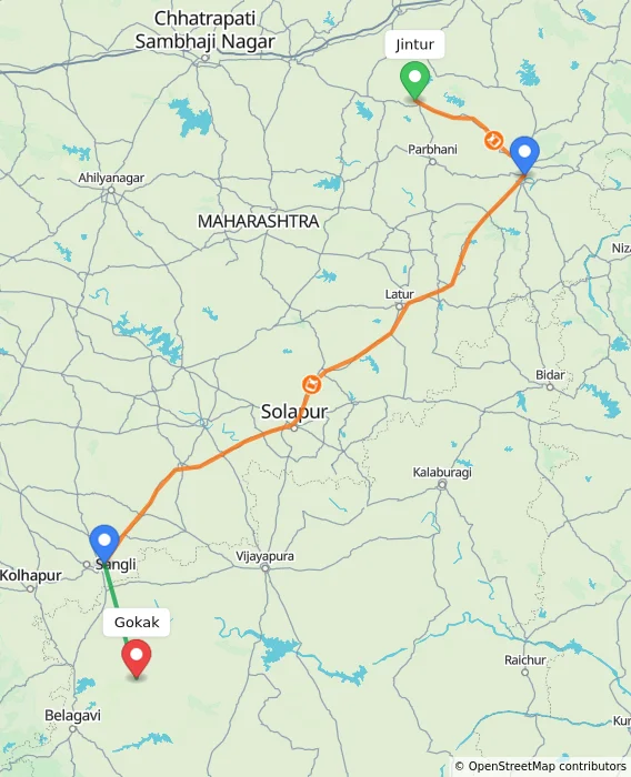 Route map showing distance and travel time from Jintur, India to Gokak, India