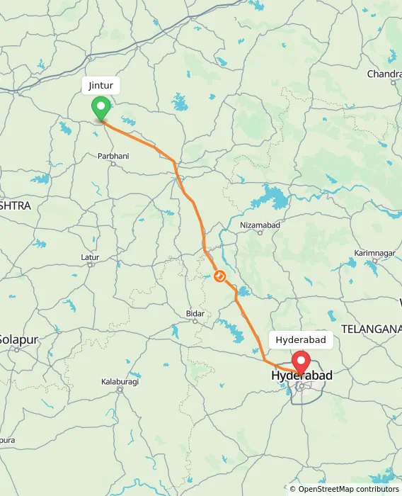 Route map showing distance and travel time from Jintur, India to Hyderabad, India