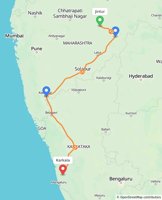 Route map showing distance and travel time from Jintur, India to Karkala, India