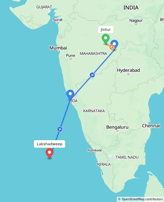 Route map showing distance and travel time from Jintur, India to Lakshadweep, India