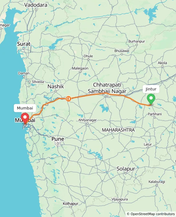 Route map showing distance and travel time from Jintur, India to Mumbai, India
