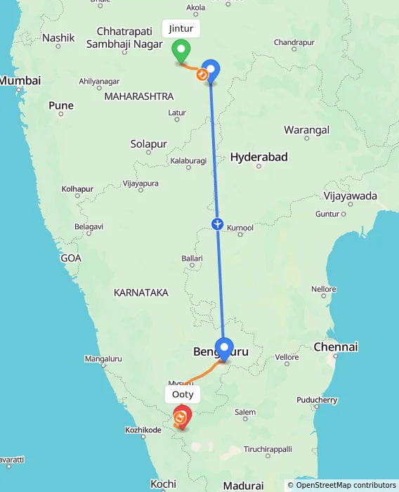 Route map showing distance and travel time from Jintur, India to Ooty, India