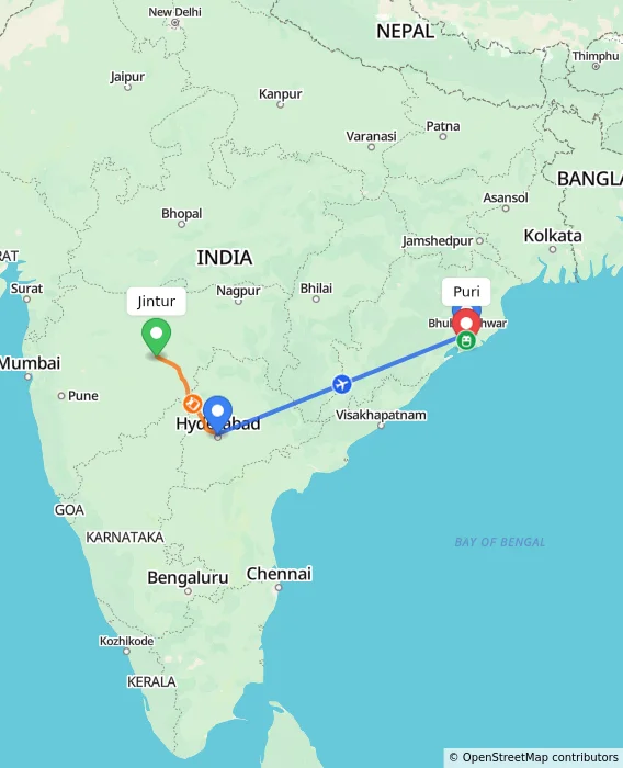 Route map showing distance and travel time from Jintur, India to Puri, India
