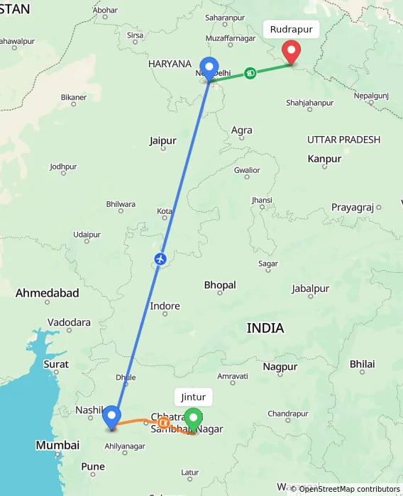 Route map showing distance and travel time from Jintur, India to Rudrapur, India